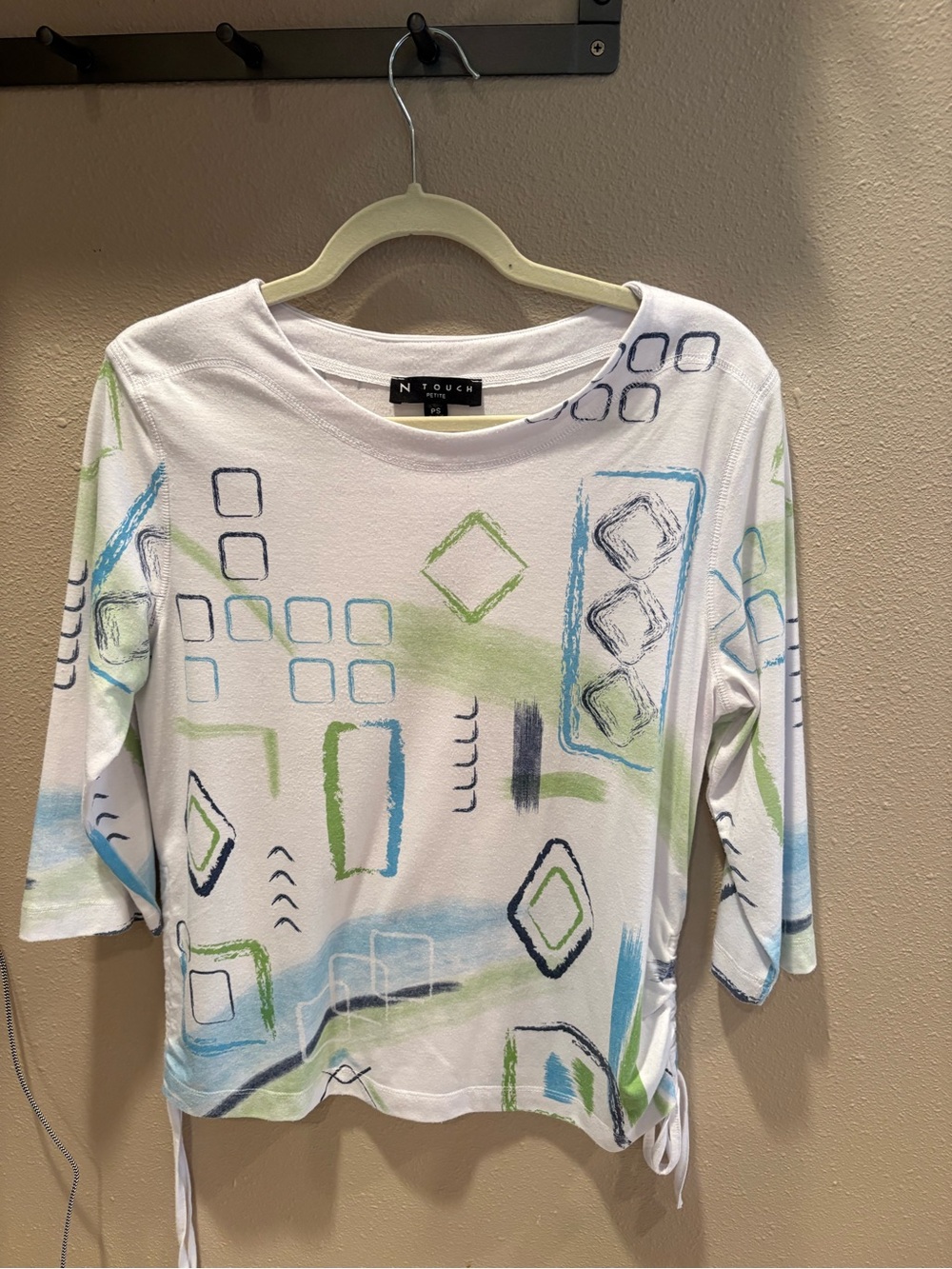 N Touch White Abstract Print Boatneck Long Sleeve Top